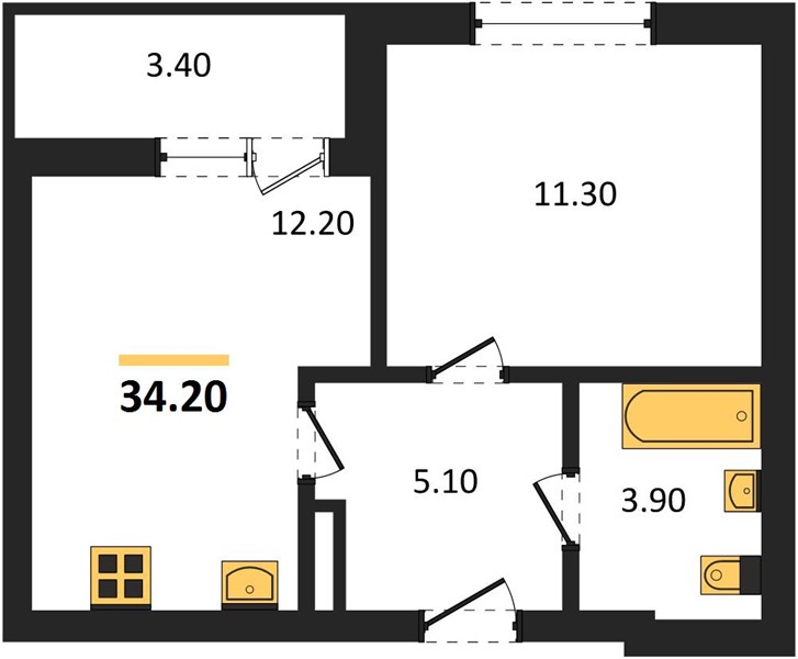 ЖК «Кузнечиха Город» · 1-комнатная квартира · 34.2 м² · 3 этаж