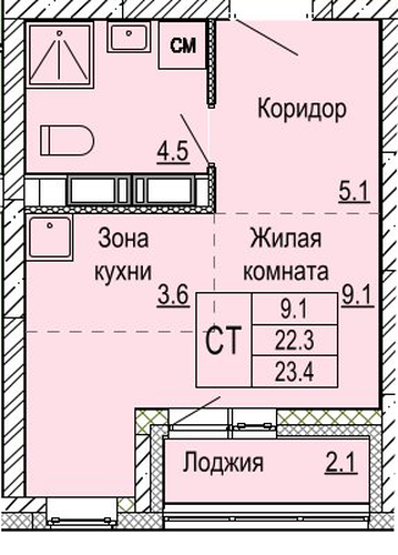 ЖК «Кузнечиха Город» · Студия · 23.4 м² · 19 этаж