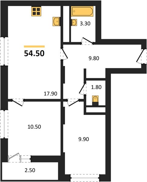 ЖК «Кузнечиха Город» · 2-комнатная квартира · 54.5 м² · 17 этаж