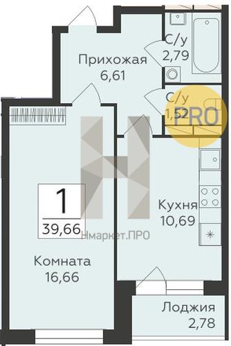 1—комн. квартира, 39.66 кв.м, 3/19 этаж