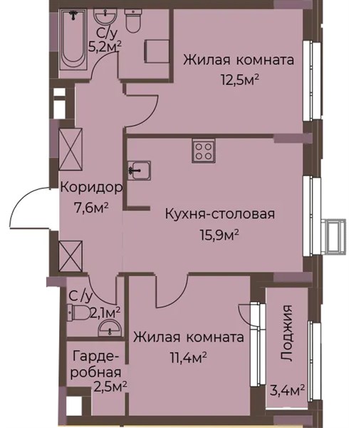 ЖК «Грандъ» · 2-комнатная квартира · 59.2 м² · 2 этаж