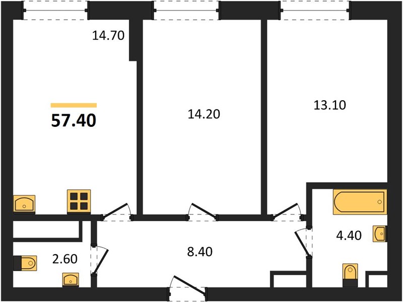 ЖК «Квартет» · 2-комнатная квартира · 57.4 м² · 10 этаж