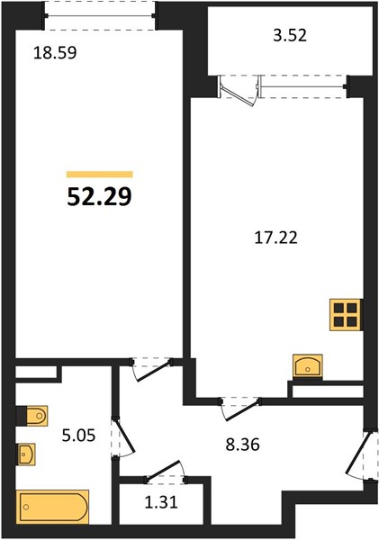 1—комн. квартира, 52.29 кв.м, 6/24 этаж