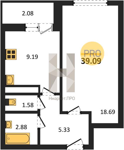 1—комн. квартира, 39.09 кв.м, 15/25 этаж