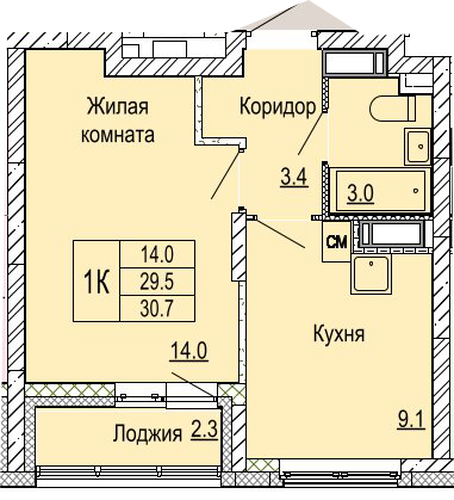 ЖК «Кузнечиха Город» · 1-комнатная квартира · 30.7 м² · 21 этаж
