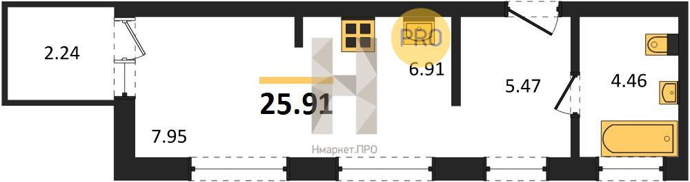 Квартира, 25.91 кв.м, 5/16 этаж