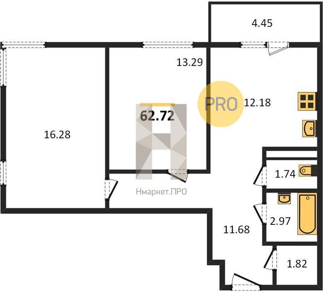 2—комн. квартира, 62.72 кв.м, 19/19 этаж