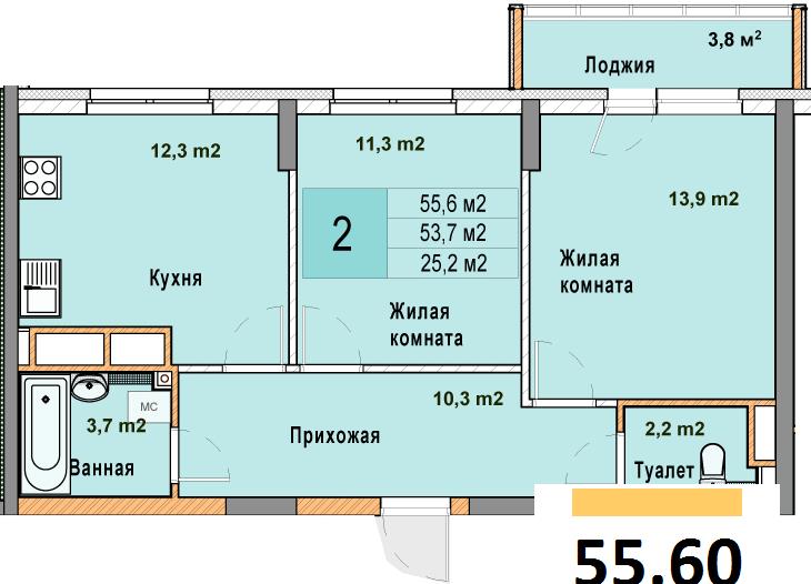 ЖК «Кузнечиха Город» · 2-комнатная квартира · 55.6 м² · 20 этаж