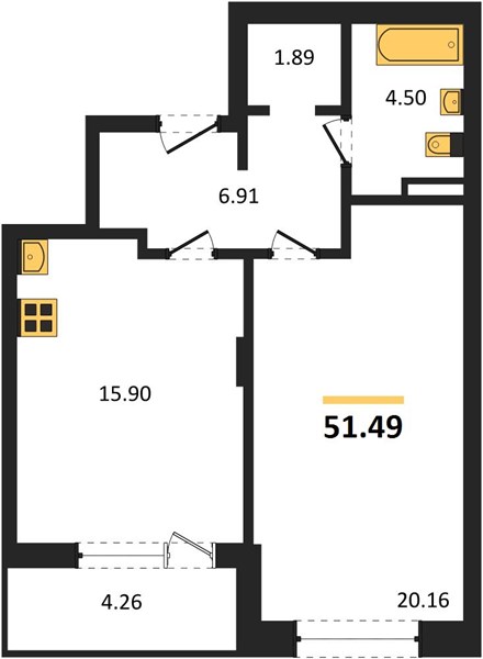 1—комн. квартира, 51.49 кв.м, 4/21 этаж