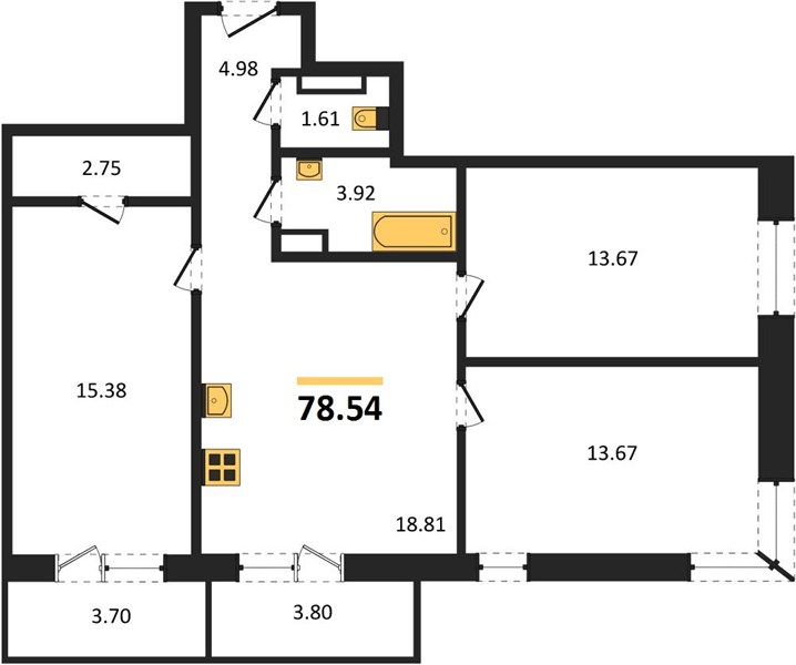 3—комн. квартира, 78.54 кв.м, 12/19 этаж
