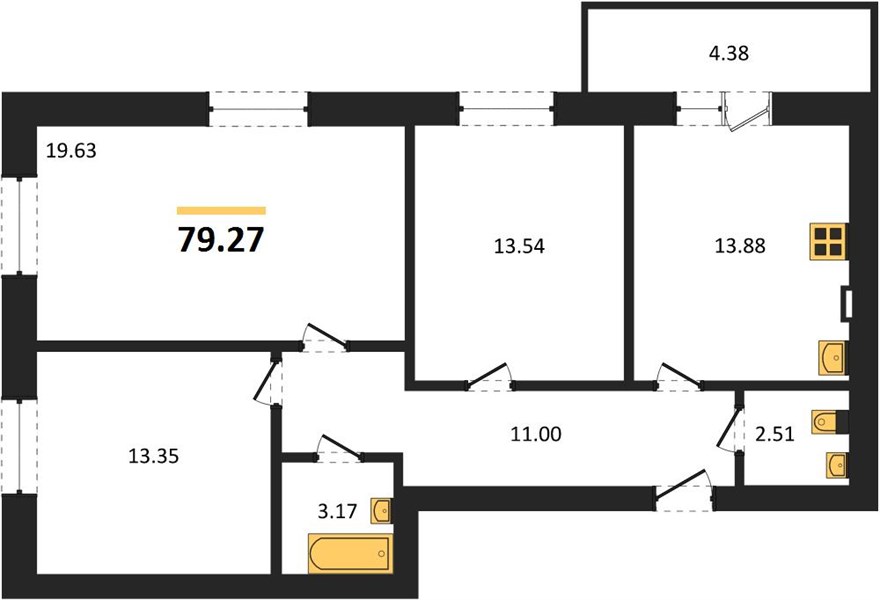 3—комн. квартира, 79.27 кв.м, 2/4 этаж