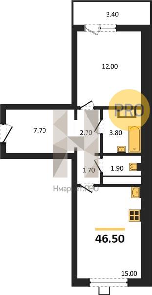 1—комн. квартира, 46.5 кв.м, 7/19 этаж