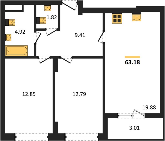 ЖК «Менделеев» · 2-комнатная квартира · 63.18 м² · 13 этаж
