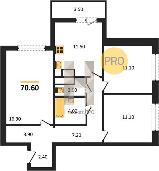 3—комн. квартира, 70.6 кв.м, 9/25 этаж