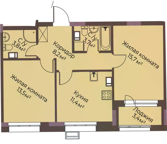 ЖК «Грандъ» · 2-комнатная квартира · 58 м² · 3 этаж