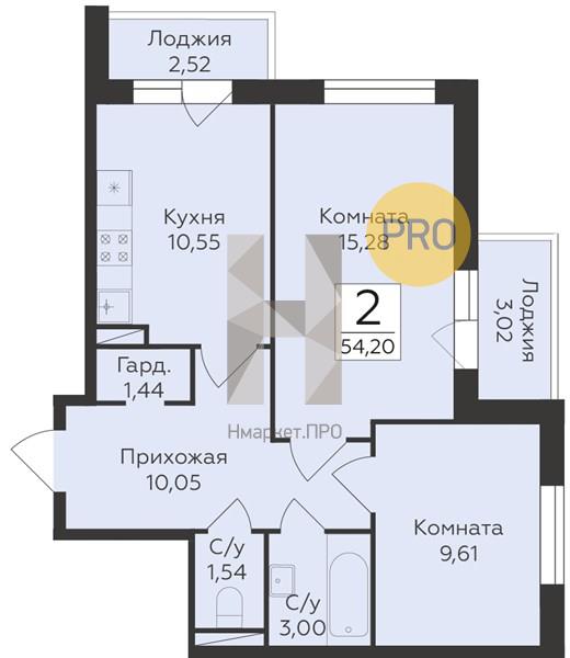 2—комн. квартира, 54.2 кв.м, 8/18 этаж
