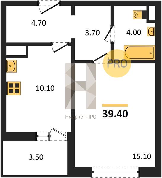 1—комн. квартира, 39.4 кв.м, 2/18 этаж