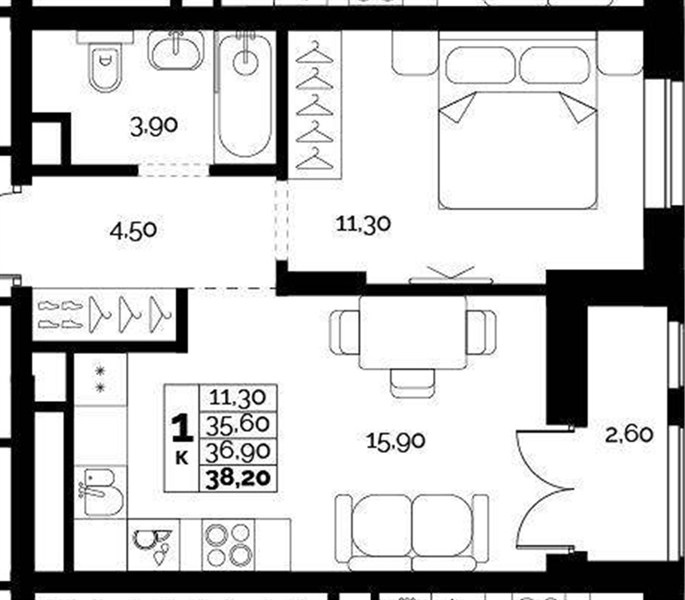 ЖК «Искра» · 1-комнатная квартира · 36.9 м² · 3 этаж