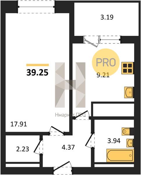 1—комн. квартира, 39.05 кв.м, 19/31 этаж