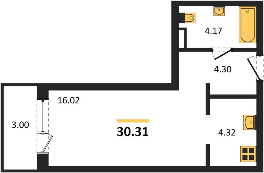 Квартира, 30.31 кв.м, 2/19 этаж
