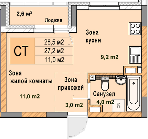 ЖК «Кузнечиха Город» · Студия · 28.5 м² · 3 этаж