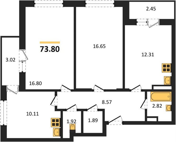 3—комн. квартира, 73.8 кв.м, 20/20 этаж