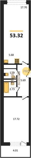 1—комн. квартира, 53.32 кв.м, 16/25 этаж