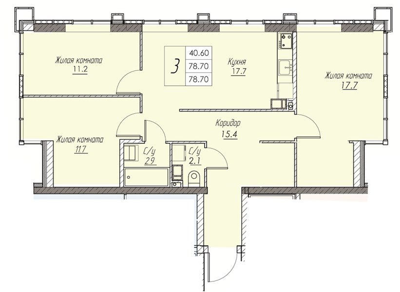 ЖК «Доминант» · 3-комнатная квартира · 78.7 м² · 4 этаж