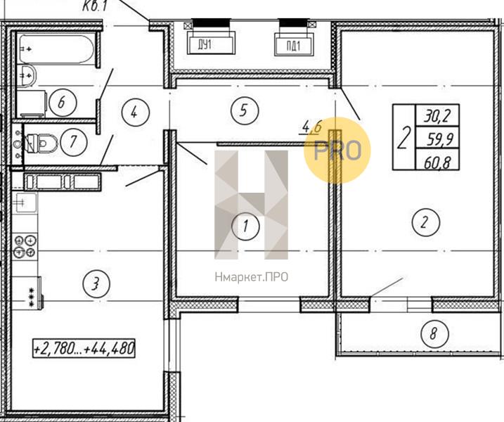 2—комн. квартира, 60.8 кв.м, 11/17 этаж