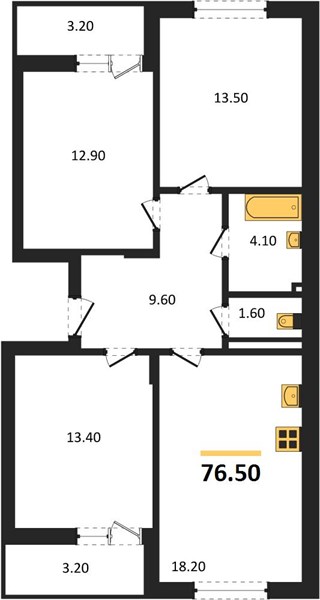 ЖК «Кузнечиха Город» · 3-комнатная квартира · 76.5 м² · 2 этаж