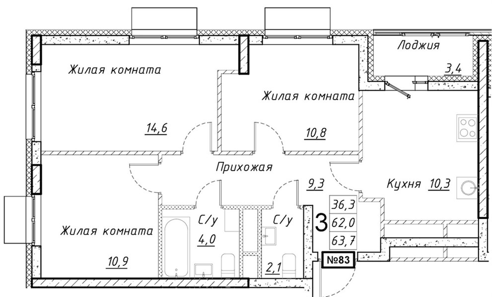 ЖК «Имбирь» · 3-комнатная квартира · 63.7 м² · 10 этаж