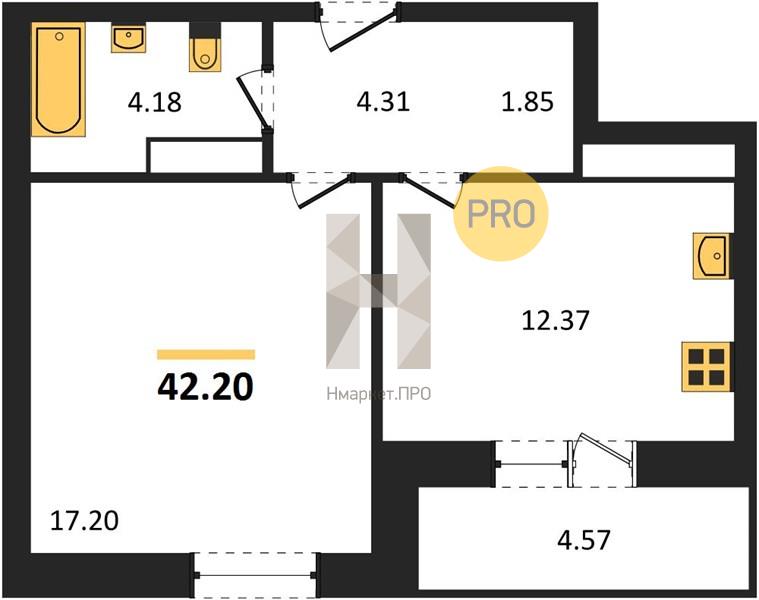 1—комн. квартира, 42.2 кв.м, 25/25 этаж