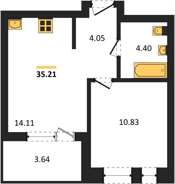 ЖК «Левобережный» · 1-комнатная квартира · 35.21 м² · 3 этаж