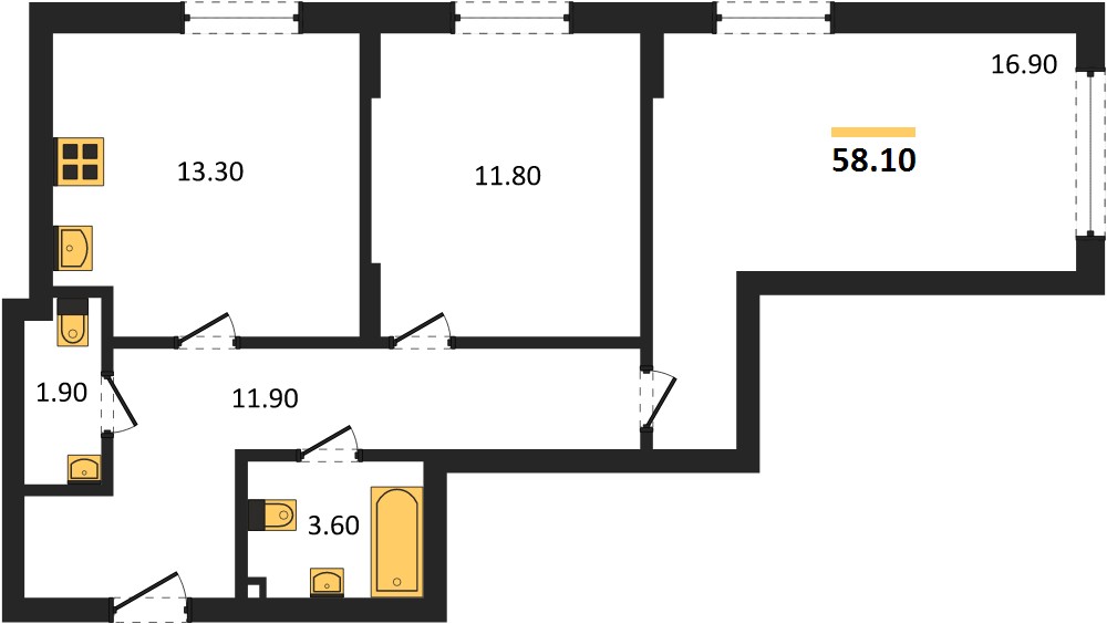 ЖК «Кипарис» · 2-комнатная квартира · 58.1 м² · 13 этаж