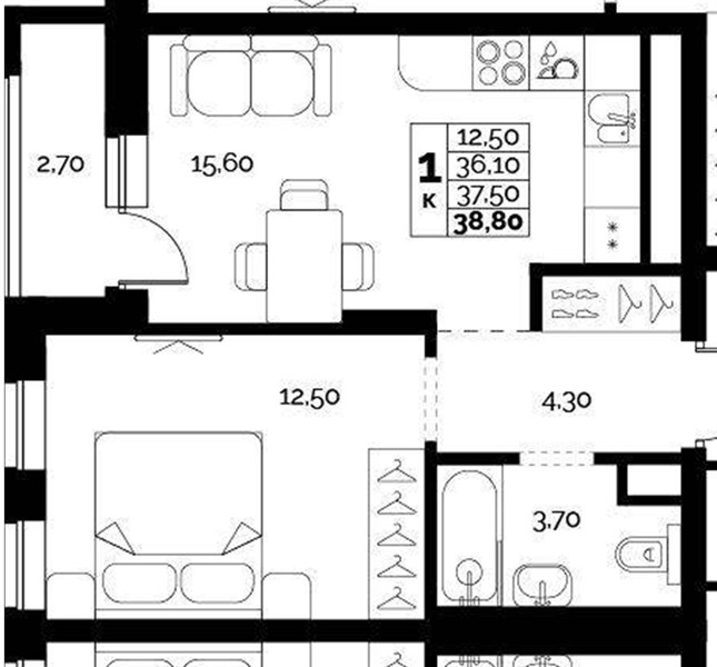 ЖК «Искра» · 1-комнатная квартира · 37.5 м² · 5 этаж