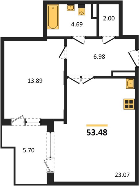 1—комн. квартира, 53.48 кв.м, 10/18 этаж