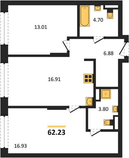 ЖК «Статус на Гребном канале» · 2-комнатная квартира · 62.23 м² · 6 этаж