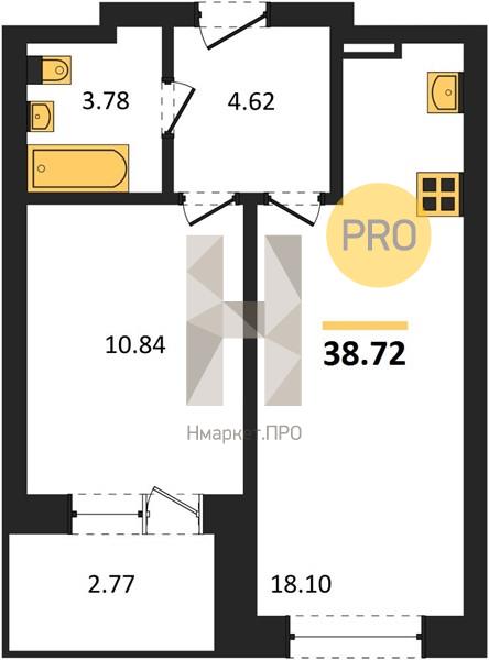 1—комн. квартира, 38.72 кв.м, 18/28 этаж