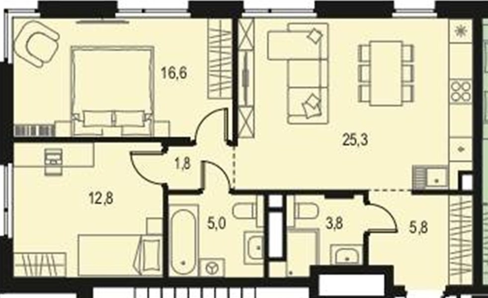 ЖК «Левел Волга» · 2-комнатная квартира · 71.1 м² · 4 этаж