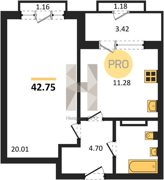 1—комн. квартира, 42.75 кв.м, 7/25 этаж