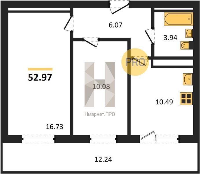 2—комн. квартира, 52.97 кв.м, 5/31 этаж