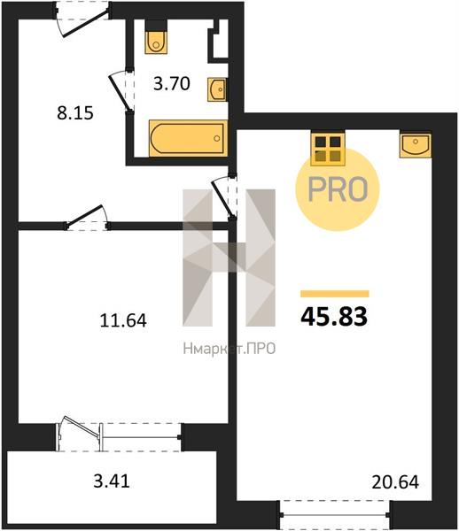 1—комн. квартира, 45.83 кв.м, 7/8 этаж