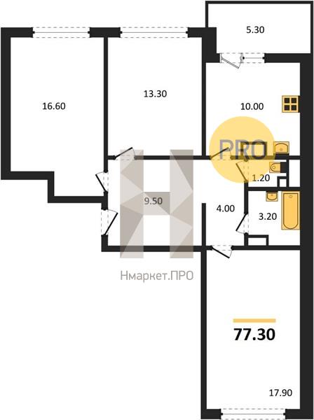3—комн. квартира, 77.3 кв.м, 16/17 этаж