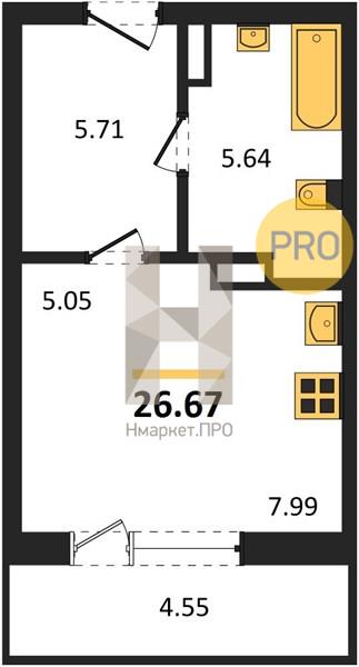 Квартира, 26.67 кв.м, 12/16 этаж
