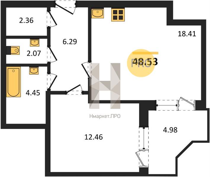 1—комн. квартира, 48.53 кв.м, 16/18 этаж