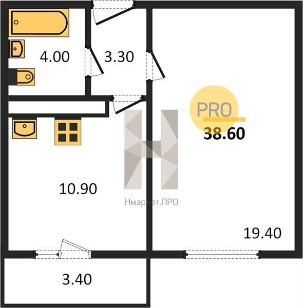 1—комн. квартира, 38.6 кв.м, 15/17 этаж