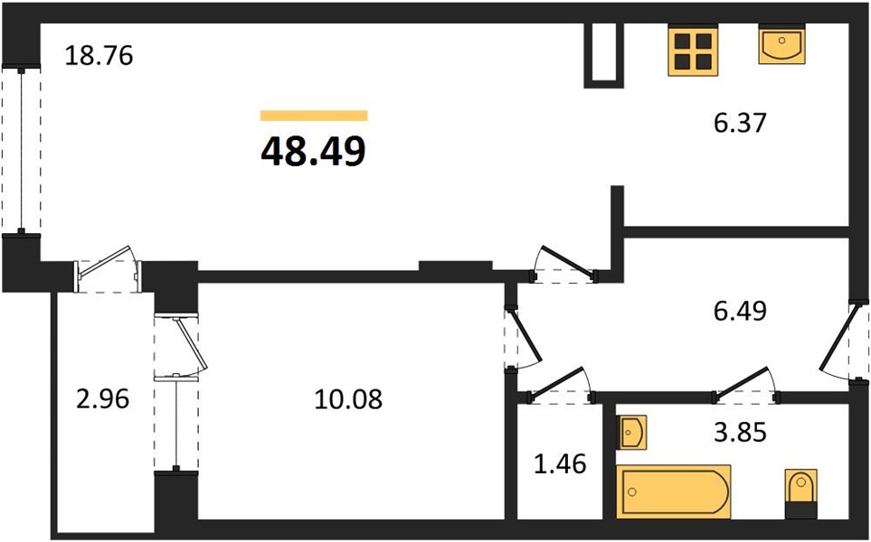 1—комн. квартира, 48.49 кв.м, 14/19 этаж
