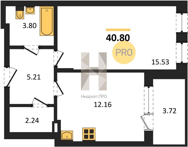 1—комн. квартира, 40.8 кв.м, 13/24 этаж