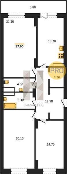 3—комн. квартира, 96.7 кв.м, 15/25 этаж