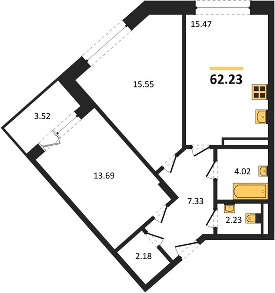 2—комн. квартира, 62.23 кв.м, 3/24 этаж